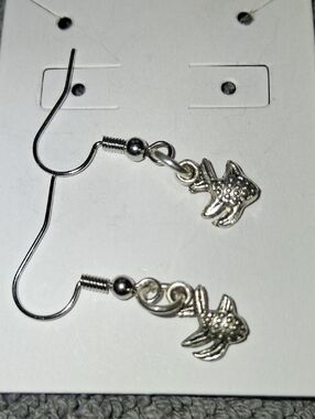 Silver Mini Fish Charm Drop Earrings - Women Jewelry